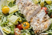 Grilled Chicken and Pesto Pasta with Burst Cherry Tomatoes and Peppery Arugula