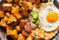 Golden Sweet Potato Hash with Grilled Halloumi and Smoky Baba Ganoush