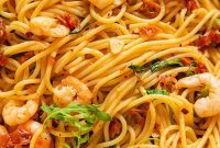 Sun-Drenched Tomato & Chili Shrimp Spaghetti with Arugula