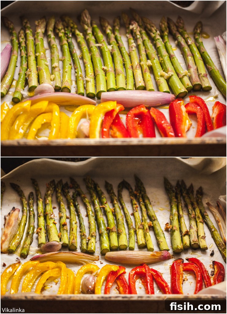Moroccan Chicken and Roasted Veggie Couscous Bowl 4 Two process shots showing asparagus, shallots, and colorful bell peppers in a roasting pan before and after roasting