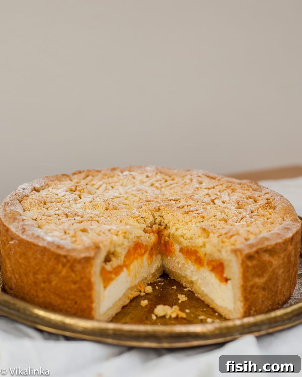 Apricot cheesecake with one slice removed, revealing the creamy filling and fruit.