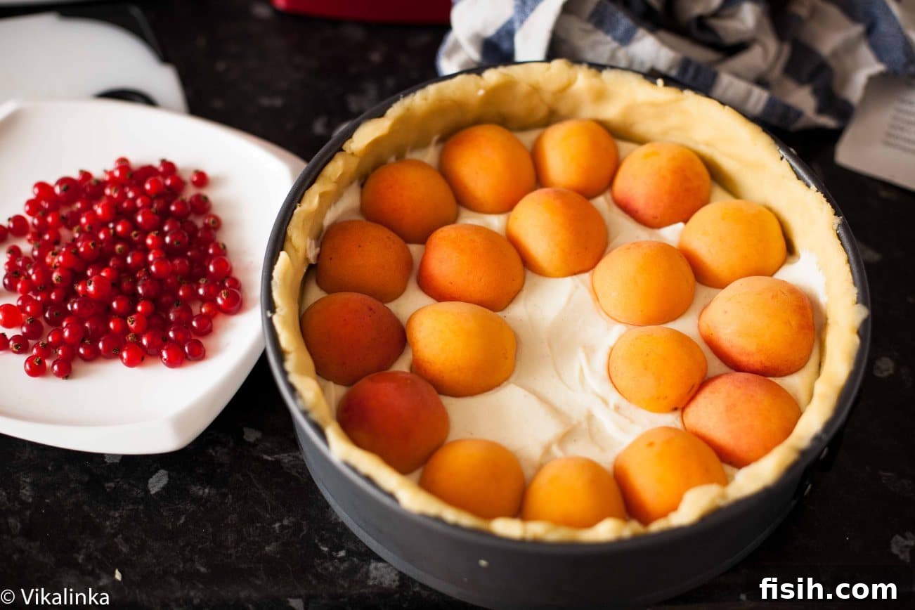 Process shot of fresh apricot halves arranged beautifully on the cheesecake filling.