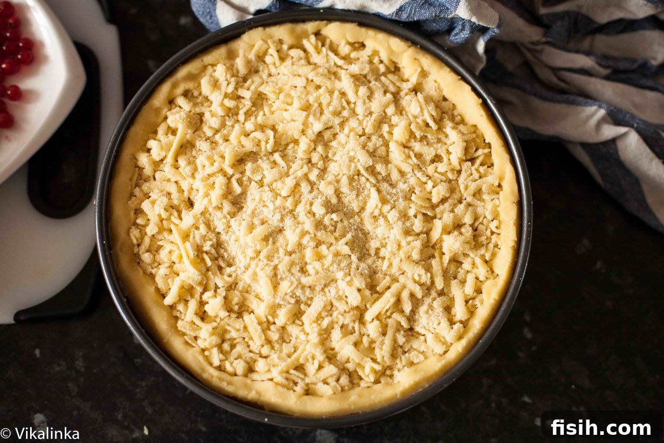 Top-down view of the apricot cheesecake generously topped with golden crumbs.