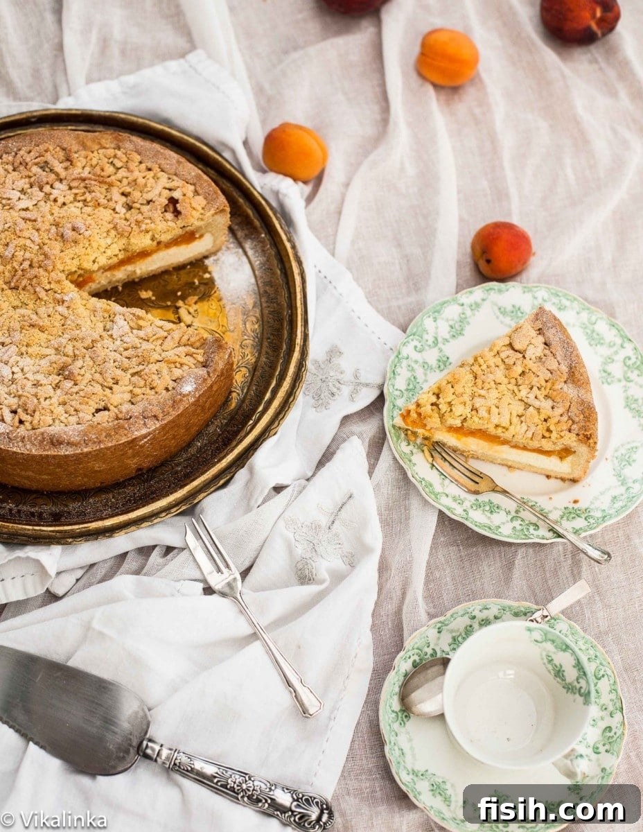 A delectable slice of apricot crumb cheesecake next to the whole cake, ready to be enjoyed.