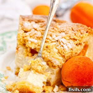 Final image of a delicious apricot crumb cheesecake, sliced and ready to serve.