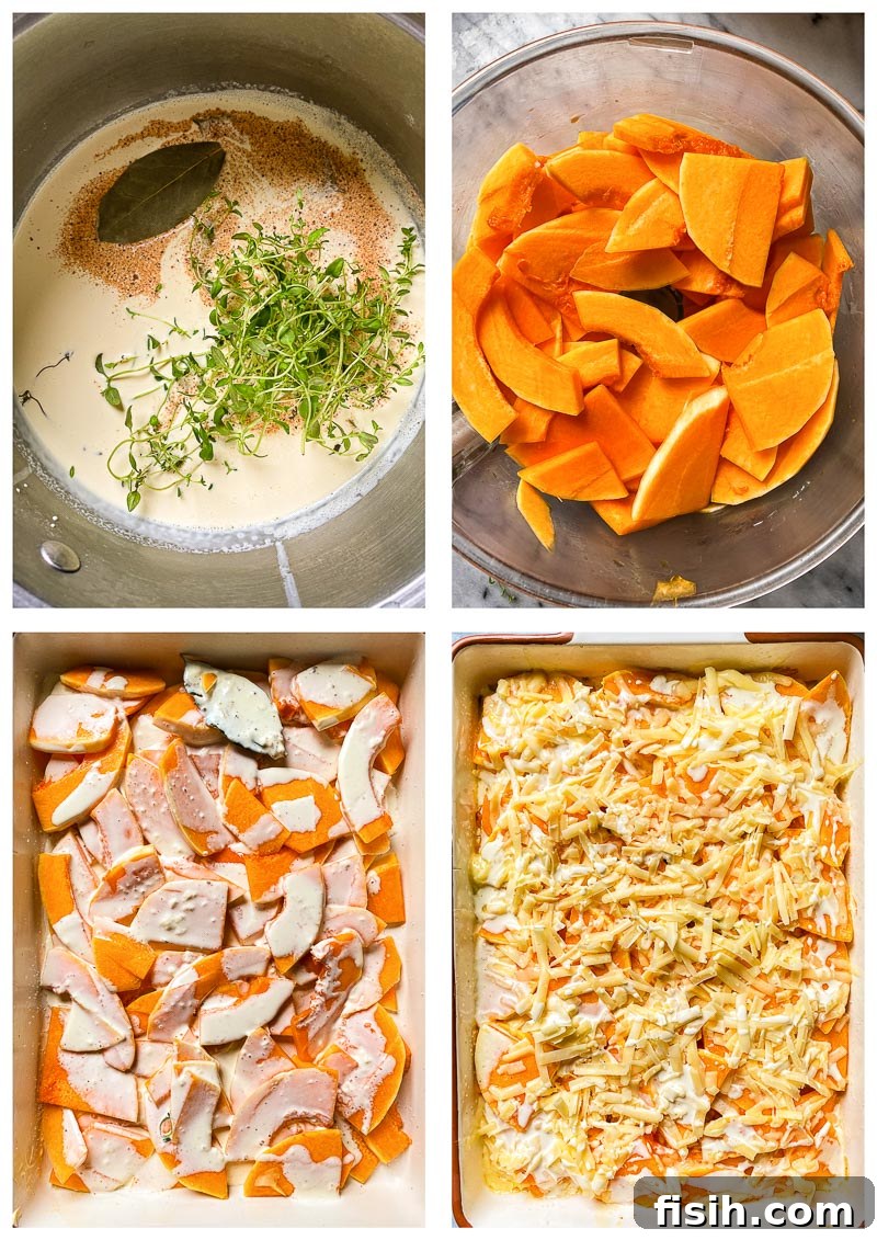 Golden Butternut Bake 4 Four sequential images demonstrating the assembly process of the butternut squash gratin.