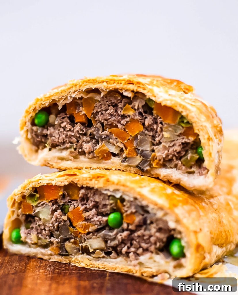 Rustic Ground Beef Wellington 3 two pieces of wellington stacked