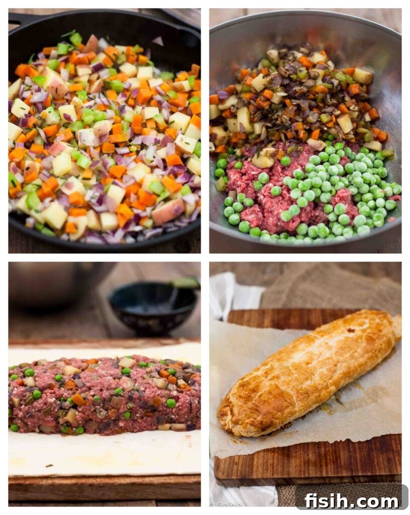 Rustic Ground Beef Wellington 4 four process shots showing preparation and assembly