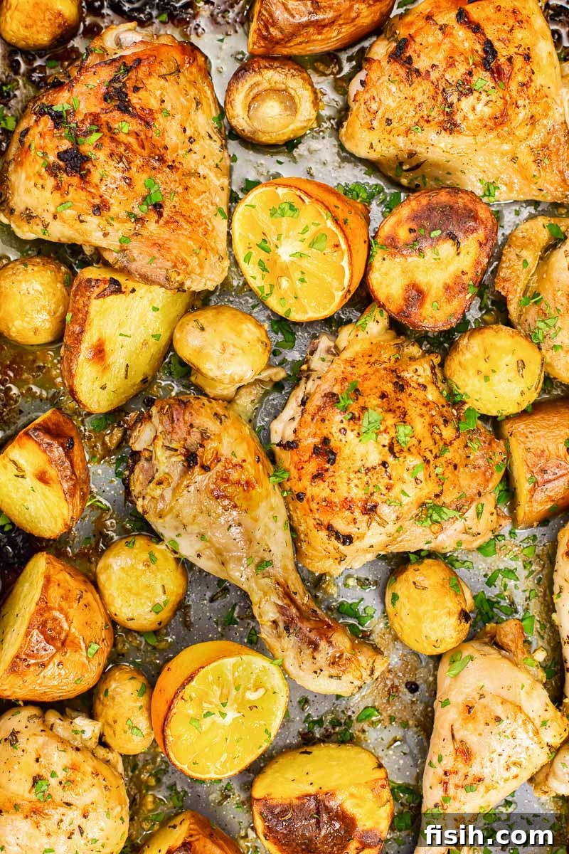 Golden brown roasted chicken and potatoes with bright lemon slices, fragrant rosemary sprigs, and tender mushrooms on a sheet pan, ready to serve.