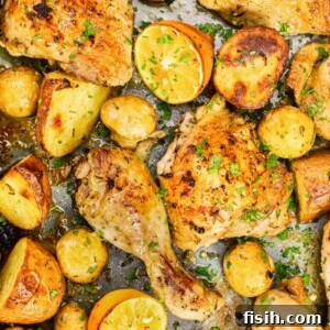 roasted chicken and potatoes with lemon, rosemary and mushrooms