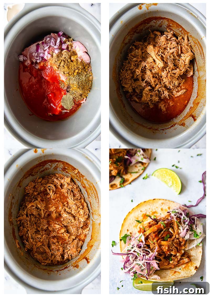 Melt-in-Your-Mouth Pulled Pork Tacos with Bright Cilantro Lime Slaw 3 slow cooker pulled pork cooking stages