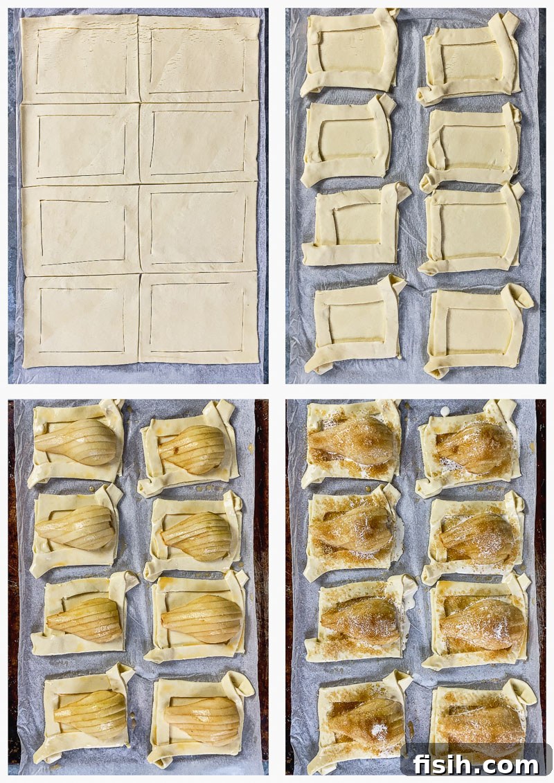 4-step image collage showing the assembly process of the pear tarts