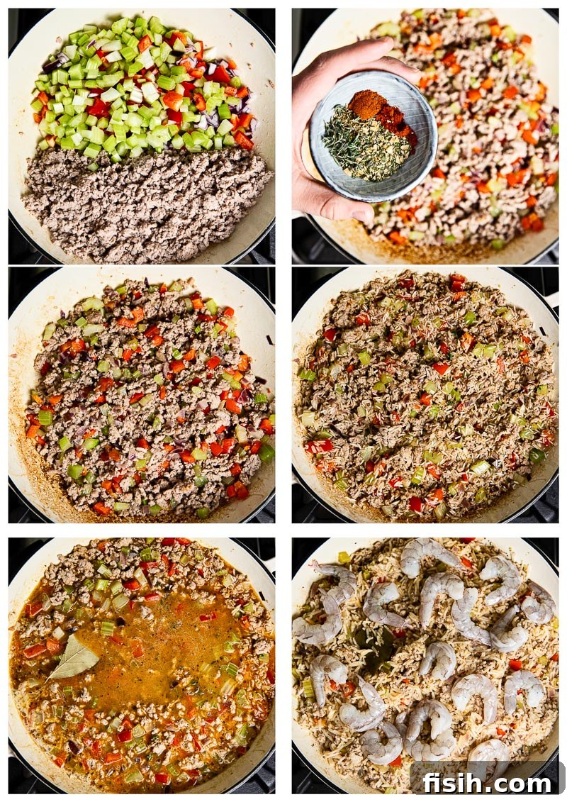 Six sequential process shots illustrating the preparation of Cajun Dirty Rice with Shrimp