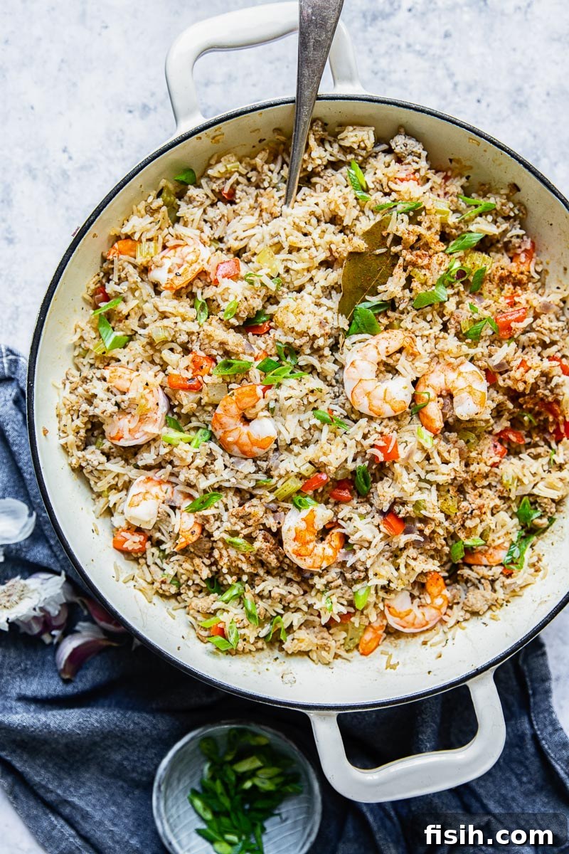 Top down shot showing the combined ingredients of Cajun Dirty Rice with Shrimp ready for cooking