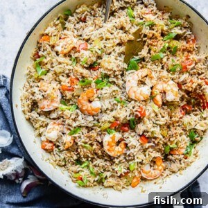Top down shot showing the combined ingredients of Cajun Dirty Rice with Shrimp