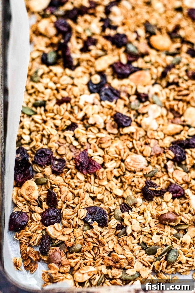close up of black forest granola in pan
