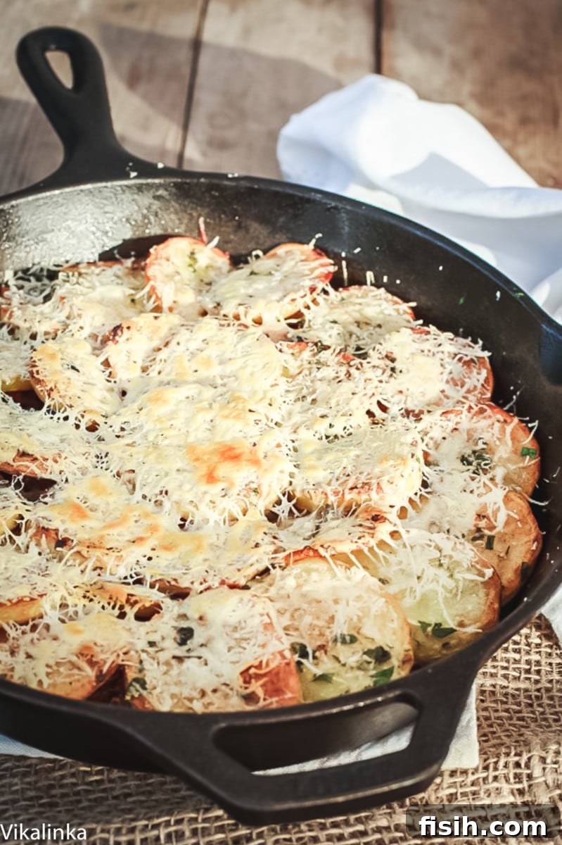 The finished Baked Potatoes, featuring beautifully caramelized onions, earthy mushrooms, and a luscious sour cream base, crowned with melted Pecorino cheese.