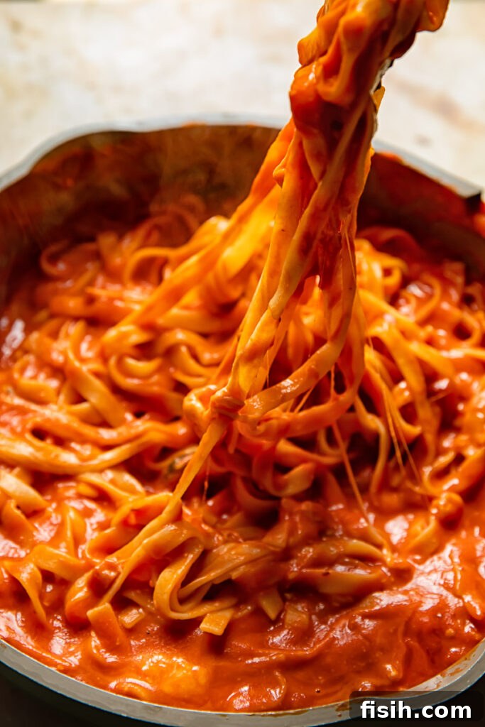 strands of tagliatelle and mozzarella pulled from a pan