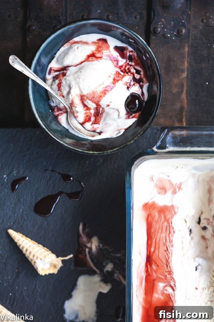 Velvety No-Churn Amarena Gelato 2 Bowl of Amarena Gelato from the top down, showcasing the rich vanilla and dark cherry swirls