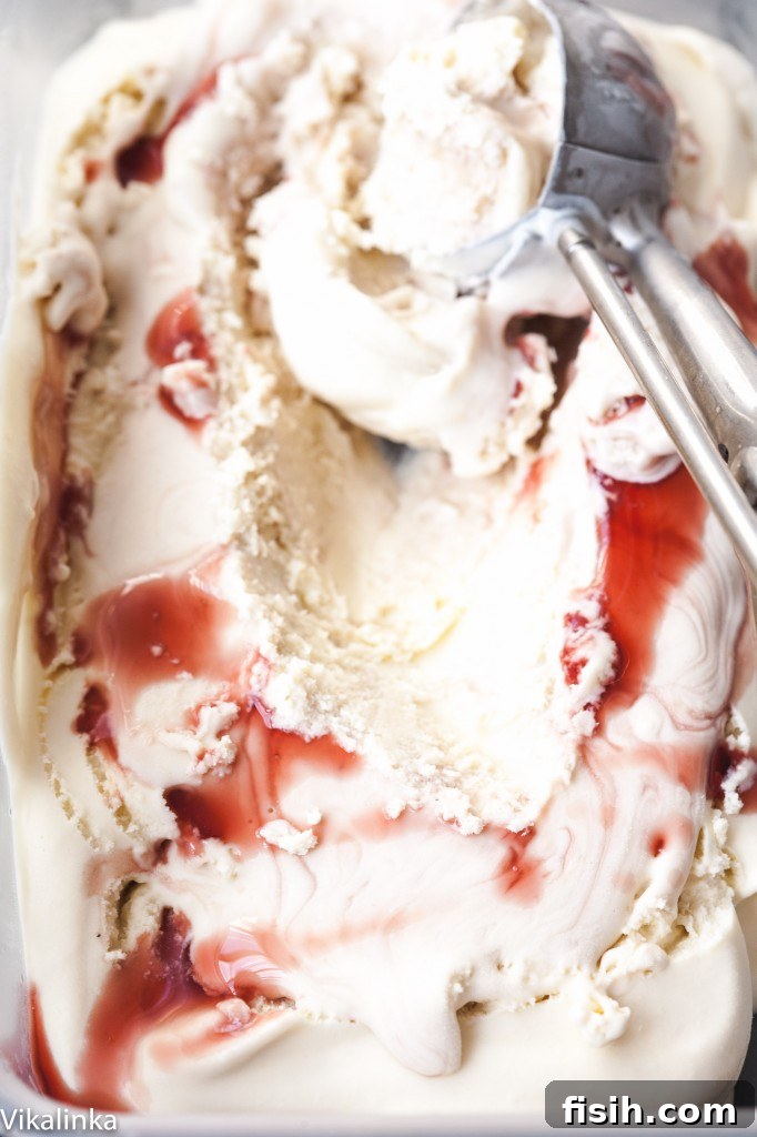 Velvety No-Churn Amarena Gelato 4 Close up shot of creamy Amarena Gelato with visible cherry swirls