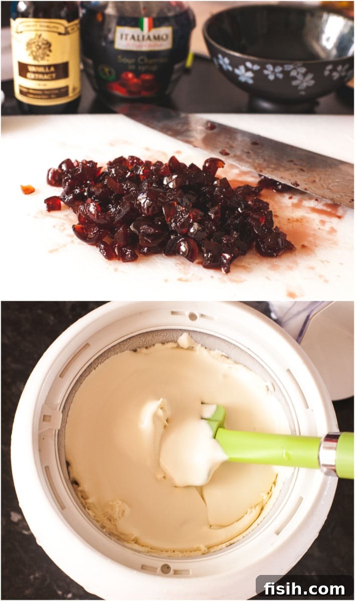 Velvety No-Churn Amarena Gelato 5 Process shots showing chopped Amarena cherries and frozen cream, ready for mixing