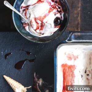 Bowl of Amarena Gelato from the top down, showcasing the rich vanilla and dark cherry swirls