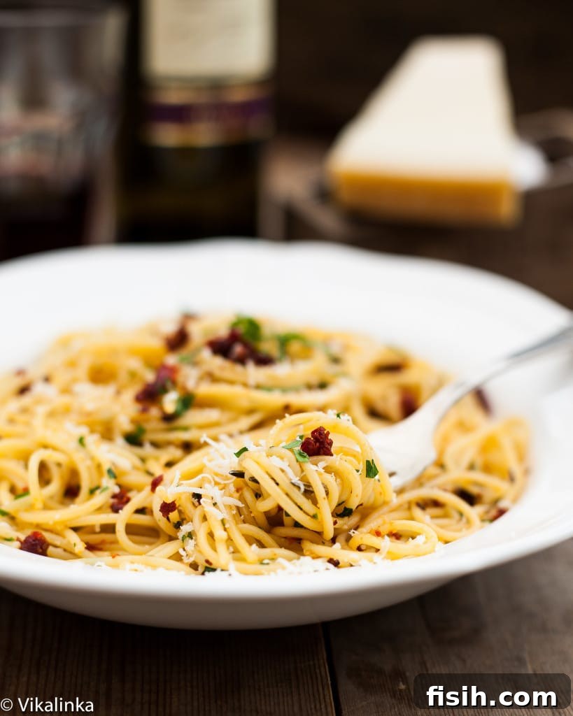 Close-up of Sicilian spaghetti with rich red sun-dried tomatoes
