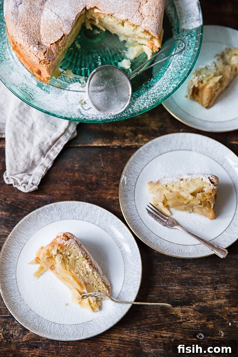 Homestyle Sharlotka Apple Cake 4 A top-down view of several elegant pieces of Sharlotka apple cake served on white plates, ready for guests.