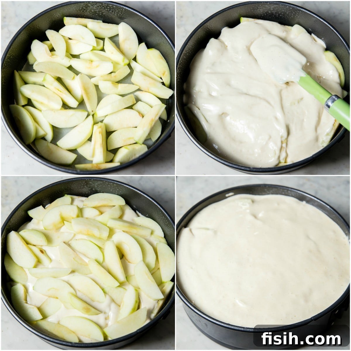 Homestyle Sharlotka Apple Cake 5 A process shot showing sliced apples arranged at the bottom of a baking dish, ready for the cake batter.