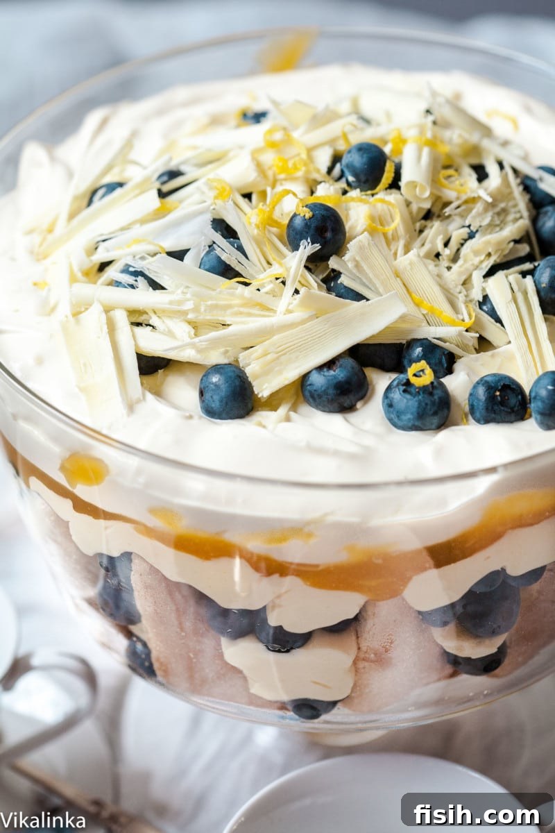 A close-up shot of a blueberry trifle, generously topped with fresh blueberries and delicate shavings of white chocolate, ready to be served.