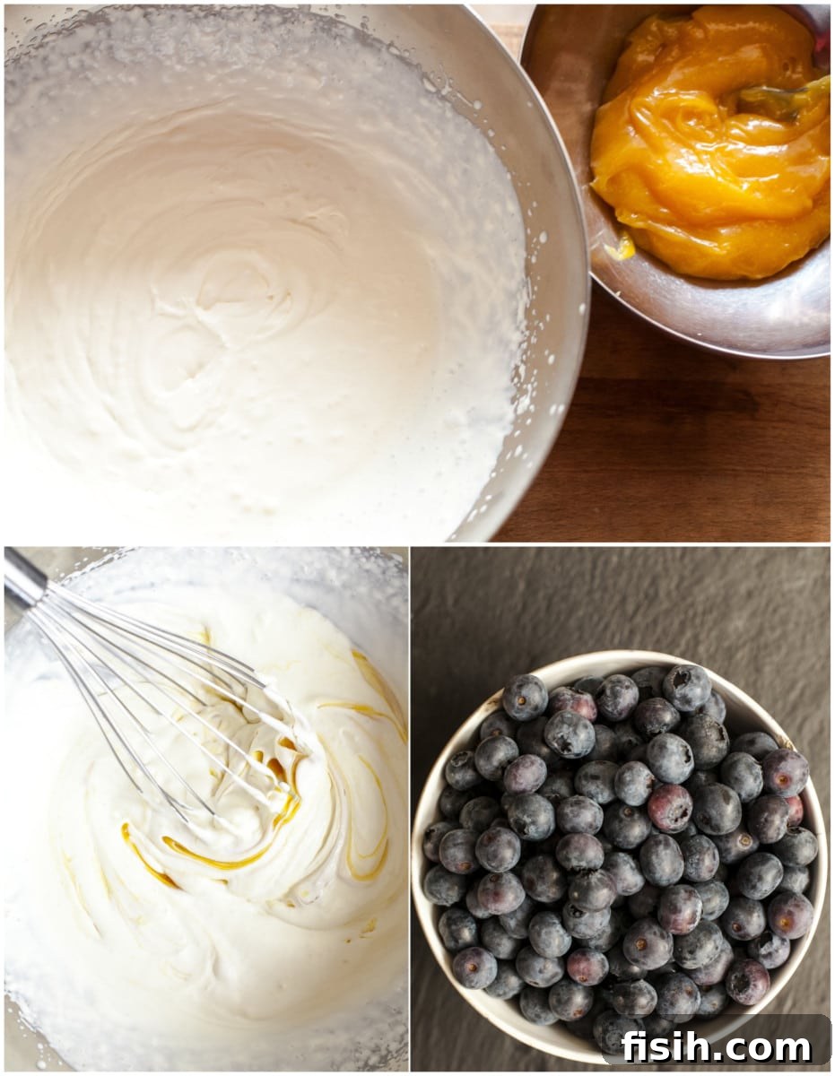 A collage of ingredients showcasing the key components of the trifle: fluffy whipped cream, golden lemon curd, and fresh, vibrant blueberries, ready for layering.