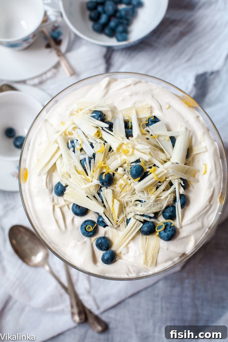 An overhead view of the completed Lemon Blueberry Trifle, exquisitely garnished with white chocolate shavings, highlighting its inviting layers.