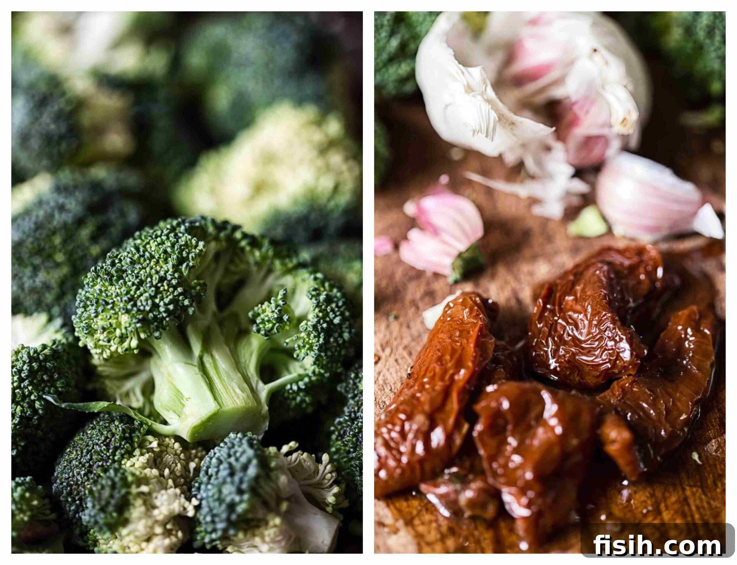 Sun-Kissed Broccoli & Parmesan Pasta 3 Ingredients for the pasta dish: raw broccoli florets, vibrant sun-dried tomatoes, and fresh garlic cloves arranged on a rustic background.