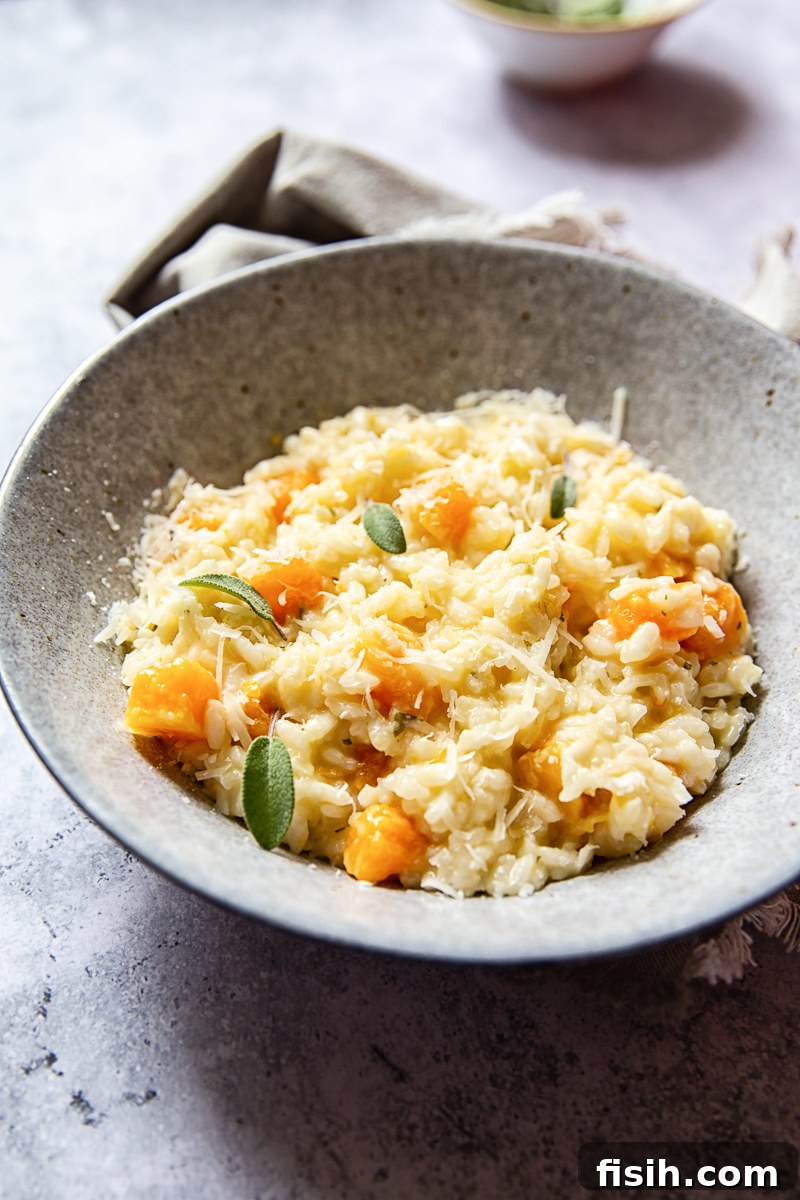 Velvety Butternut Risotto with Aromatic Sage and Creamy Goat Cheese 2 side shot of Butternut Squash Risotto in a bowl