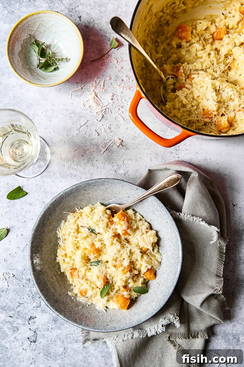 Velvety Butternut Risotto with Aromatic Sage and Creamy Goat Cheese 4 Top down view of Butternut Squash Risotto in a bowl