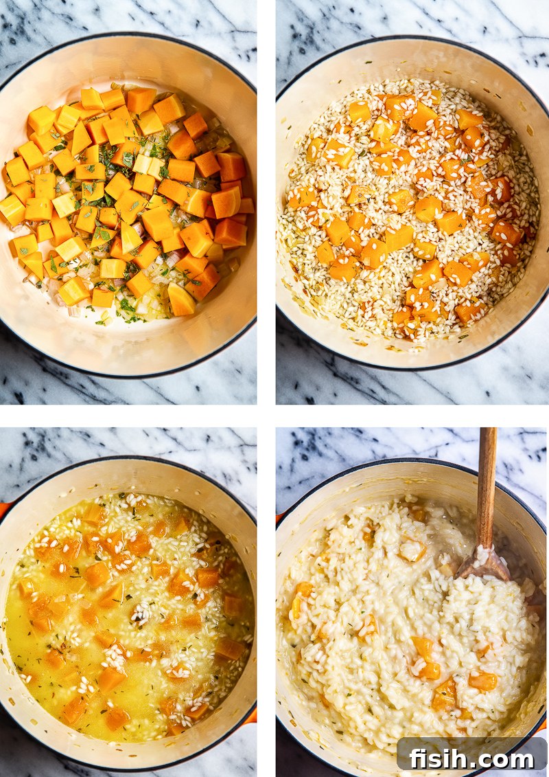 Velvety Butternut Risotto with Aromatic Sage and Creamy Goat Cheese 6 Process shot showing assembly of the recipe in a pot