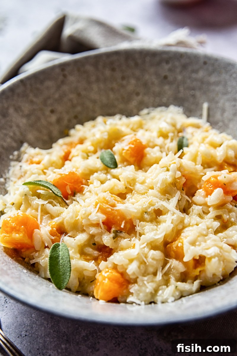 Velvety Butternut Risotto with Aromatic Sage and Creamy Goat Cheese 7 Close up of Butternut Squash Risotto in a bowl