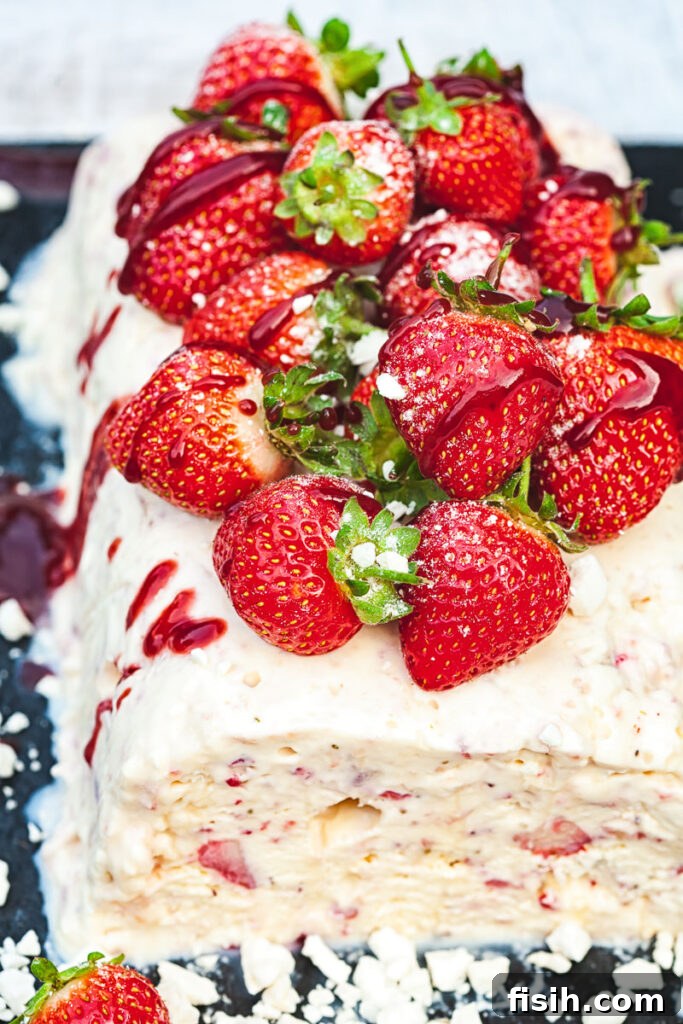 High angle view of semifreddo with strawberries piled on top