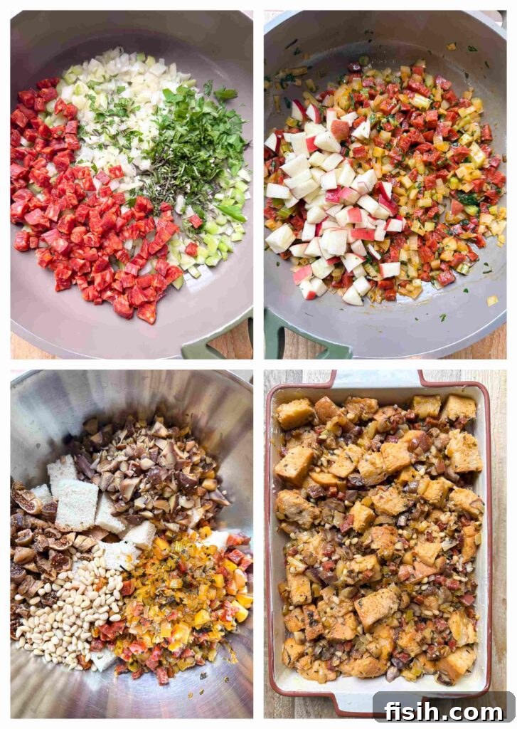 Process shots of stuffing ingredients being combined and fried before baked together in a dish