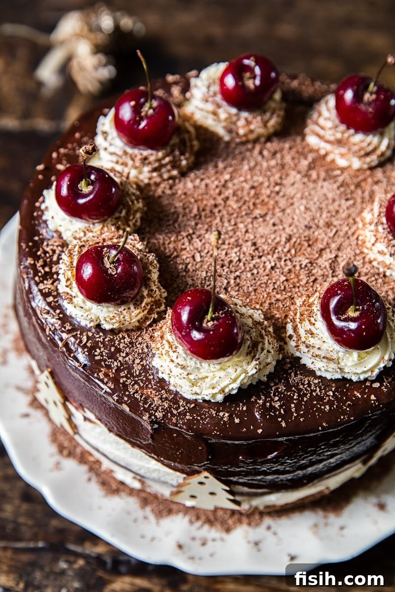 Exquisite top-down view of a freshly baked Black Forest Cake, adorned with cherries and chocolate shavings, presented on a rustic wooden surface.