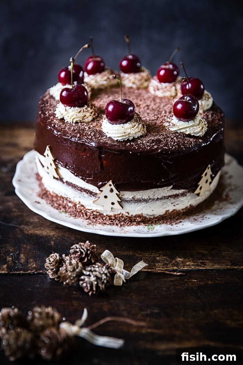 A beautifully composed Black Forest Gateau sits elegantly in the background, with natural pinecones gently arranged in the foreground, evoking a woodland feel.