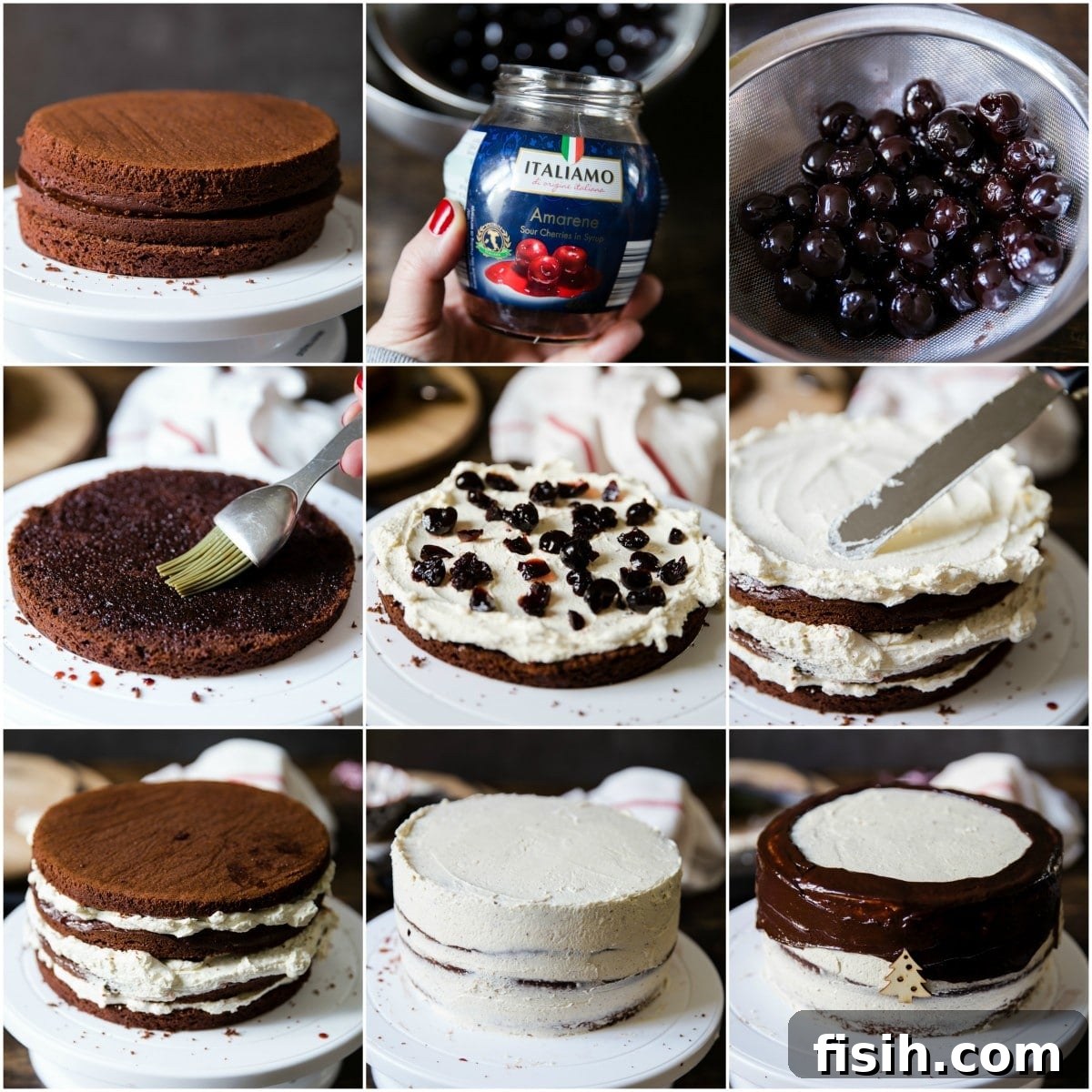 A detailed nine-image collage showcasing the step-by-step process of preparing a Black Forest Cake, from baking the sponge to layering and decorating.