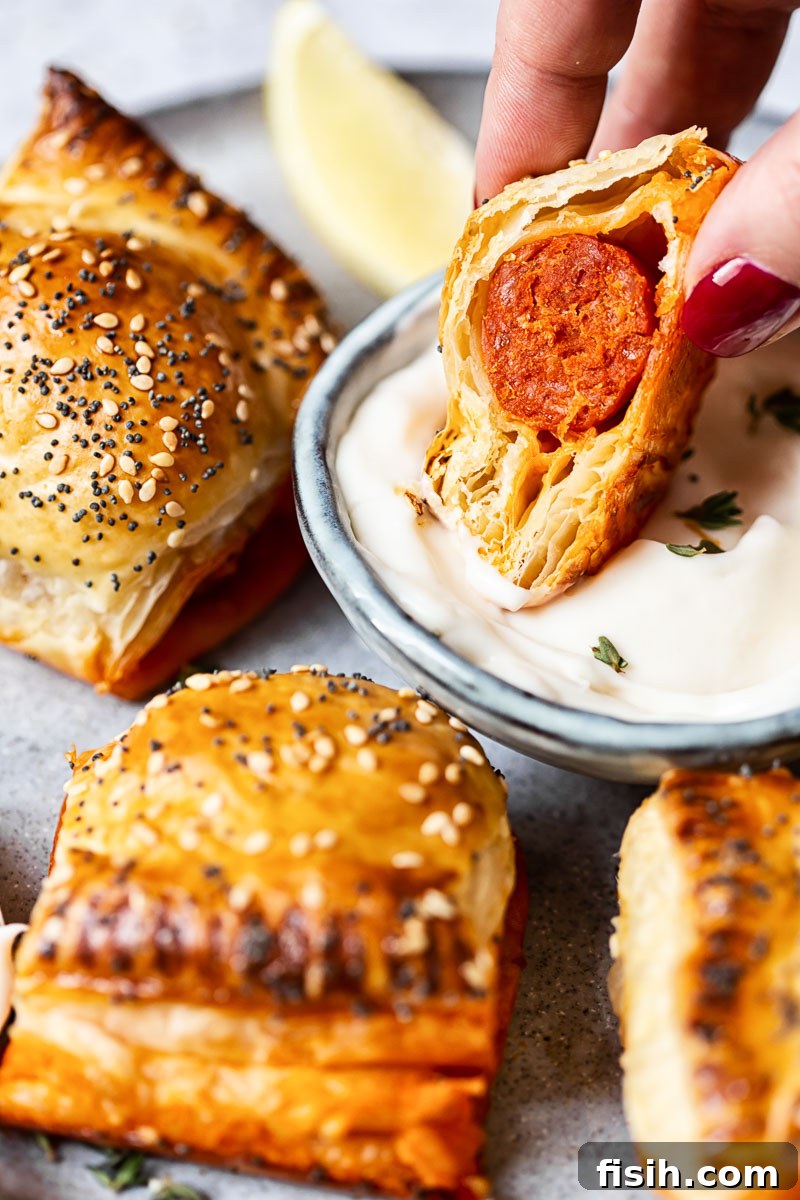 A hand reaching for a freshly baked chorizo sausage roll