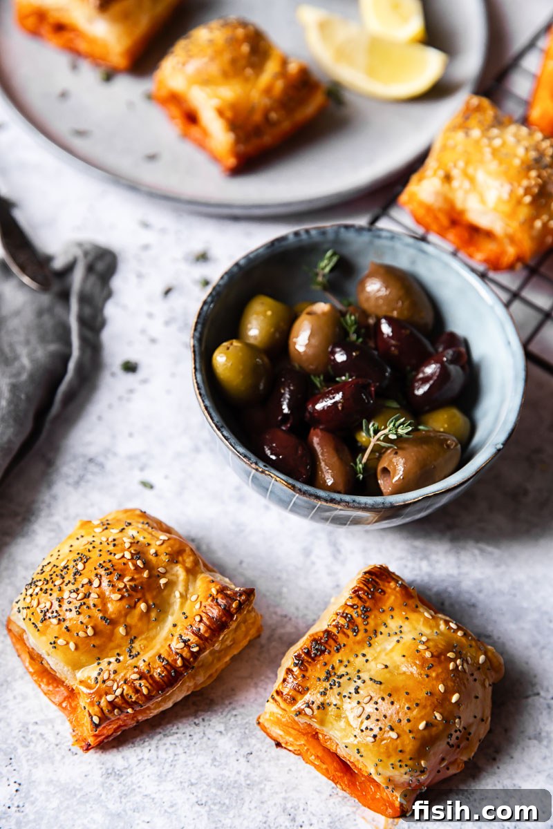 A spread of delicious party food, including chorizo sausage rolls and olives
