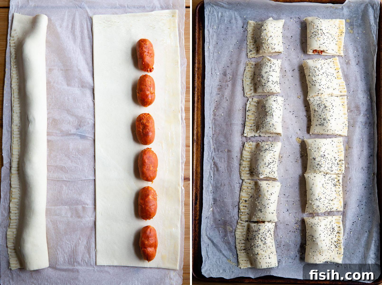 Two images showing the process of assembling chorizo sausage rolls on a pastry sheet