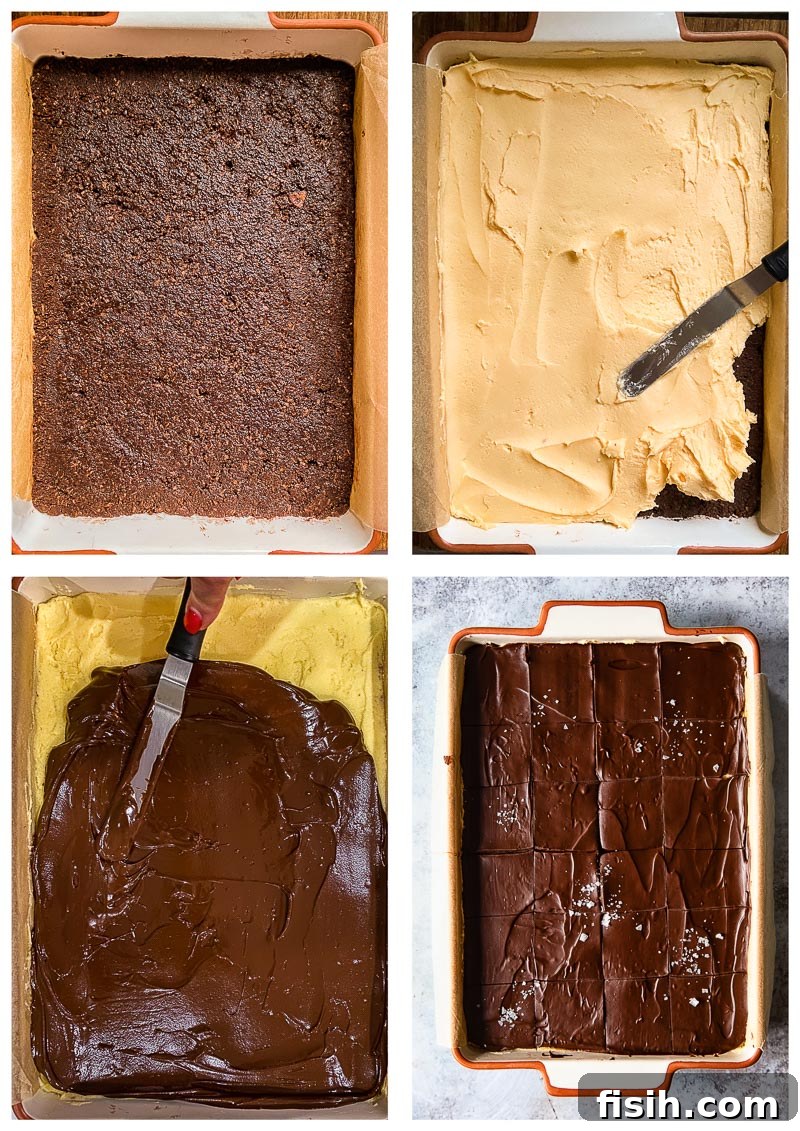 Classic Canadian Nanaimo Bars 4 Step-by-step process images for making Nanaimo Bars, showing the base, filling, and chocolate topping