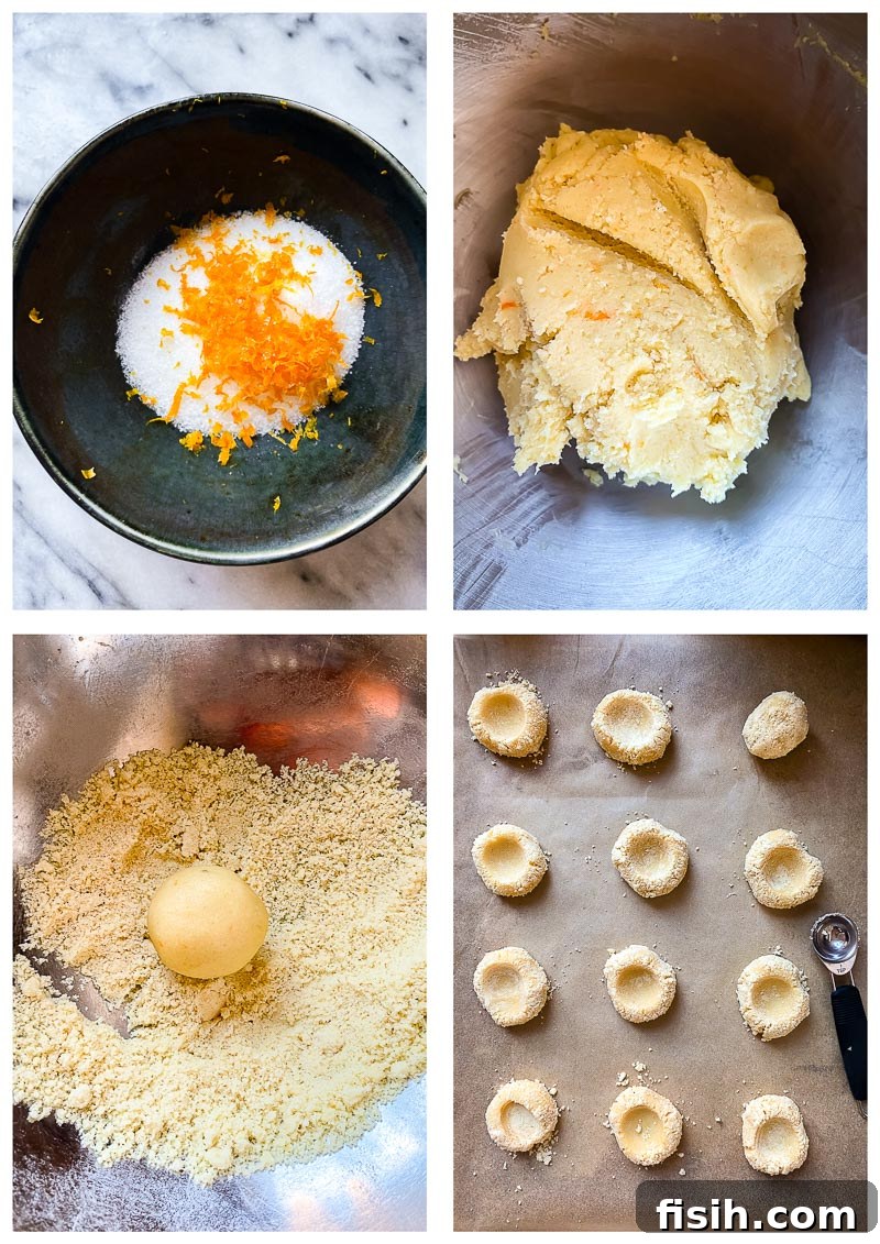 A visual guide showing the process of making chocolate thumbprint cookies, from dough to filled cookies.