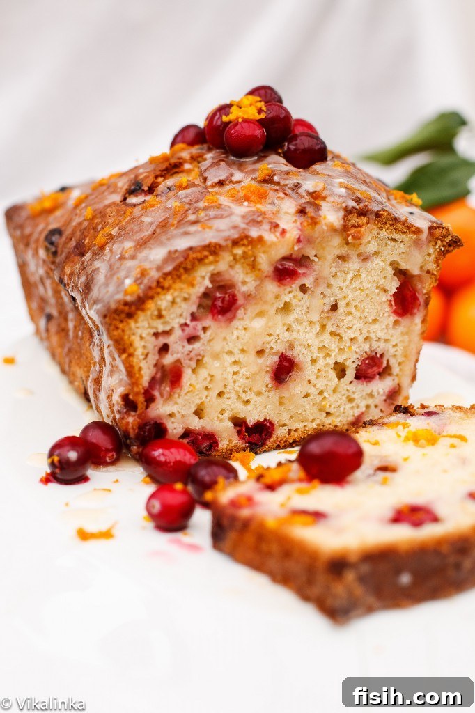 A slice of cranberry orange bread with orange glaze, cut from the loaf, showcasing its moist texture and cranberries.