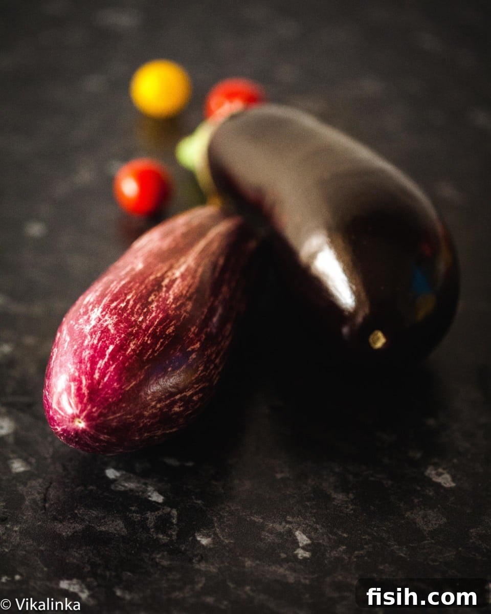 two eggplants on dark background.