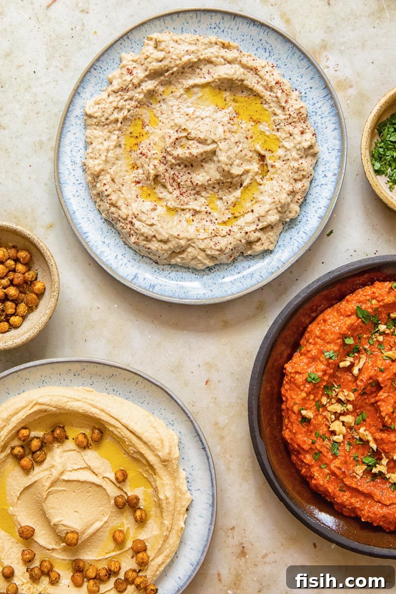 top down view of Middle Eastern meze on plates